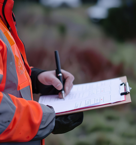 Reconstruct TM professional in high-visibility jacket writing on a clipboard, conducting an assessment.